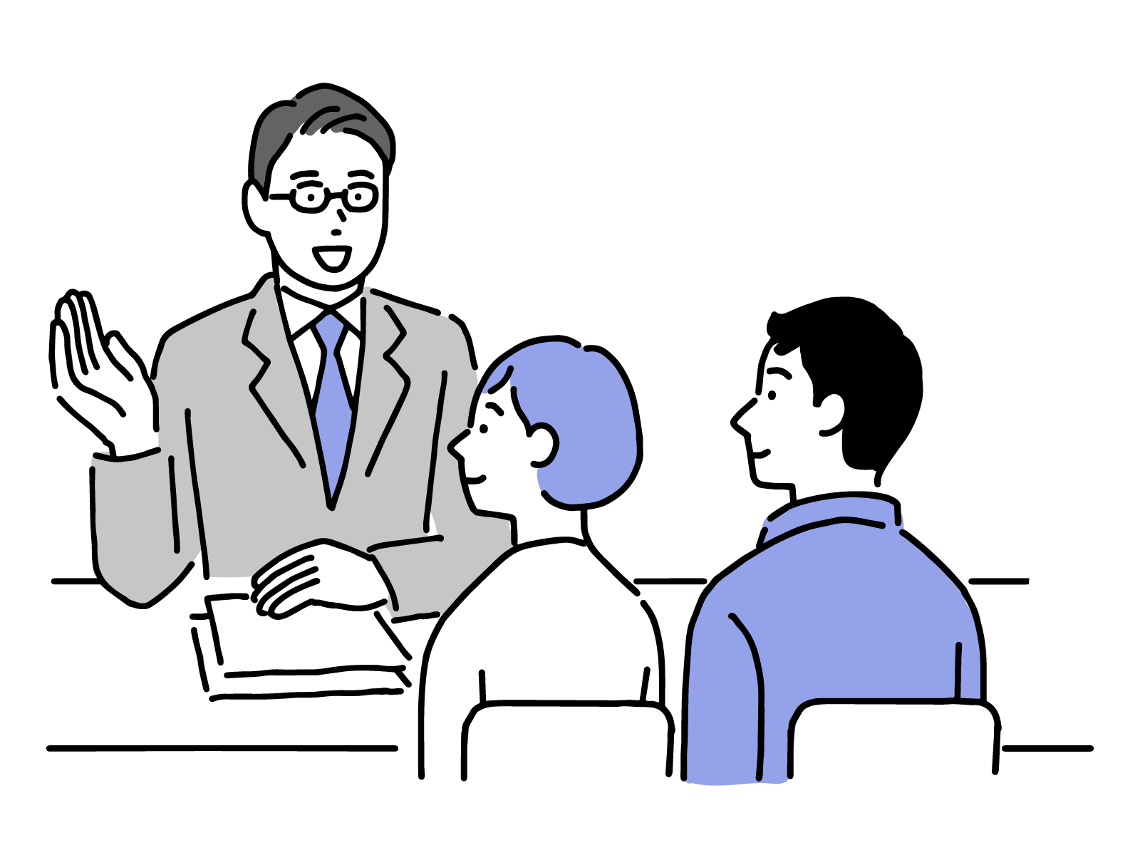 女性と男性に説明をしているビジネスマン
